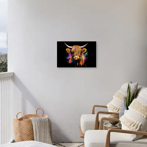 Schotse Hooglander - Graffiti - Kleurrijk - Bloem - Dieren Tuinposter op houten frame 2 cm dik klein -sfeer1