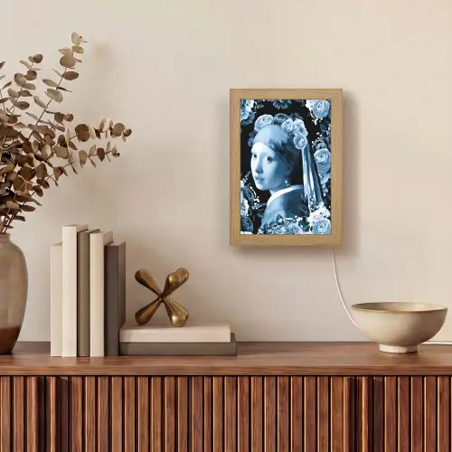 Meisje met de parel - Johannes Vermeer - Delfts blauw Light Box met kabel (Wandlamp) klein -sfeer2