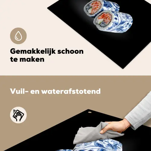 Sushi - Delfts blauw - Rijst - Vis - Elegant Inductie beschemer met haakjes klein -ky-schoon-nl