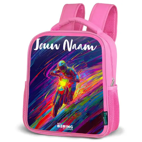 Crossmotor - Neonkleuren - Lijnen - Helm Kinderrugzak - Roze middel -schuin