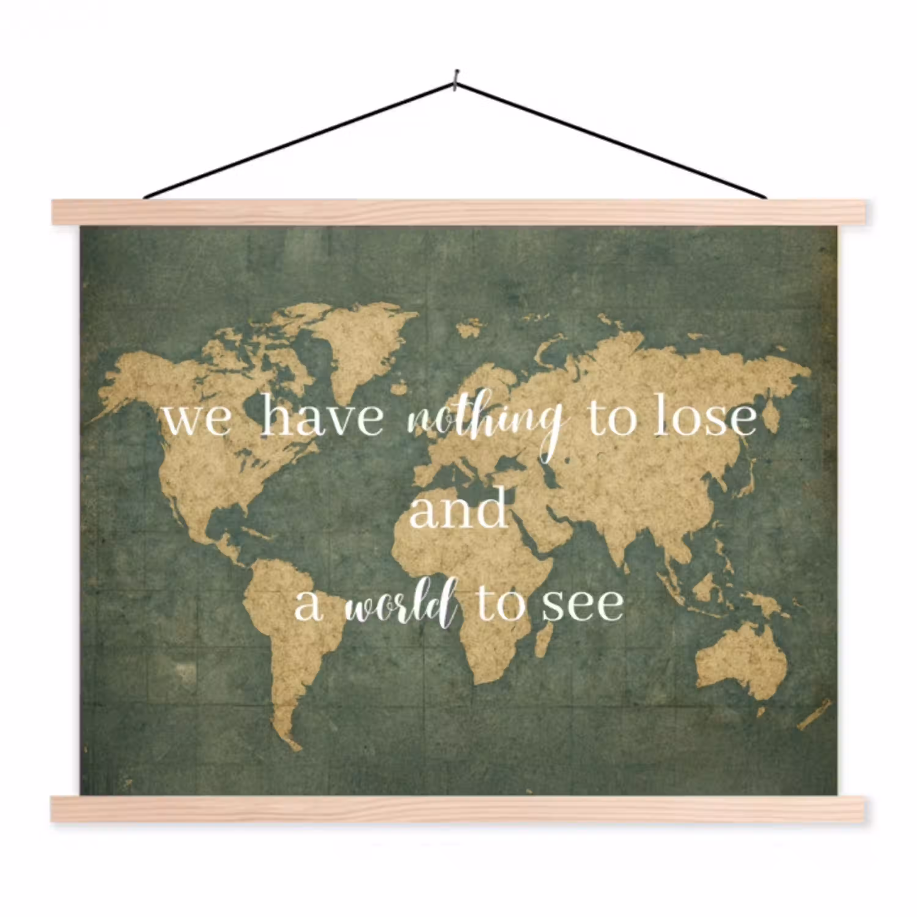 Quote - Vintage - Wereldkaart - Oud textielposter latten blank klein -3d