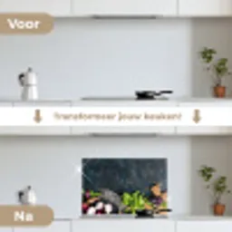 Groente - Kruiden - Wiegemes - Ui - Specerijen - Rustiek keuken achterwand spatscherm klein -voor_na_NL