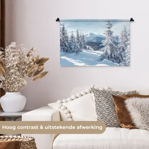 Winterlandschap - Natuur - Berg - Bomen - Sneeuw Wandkleed katoen klein -sfeer1