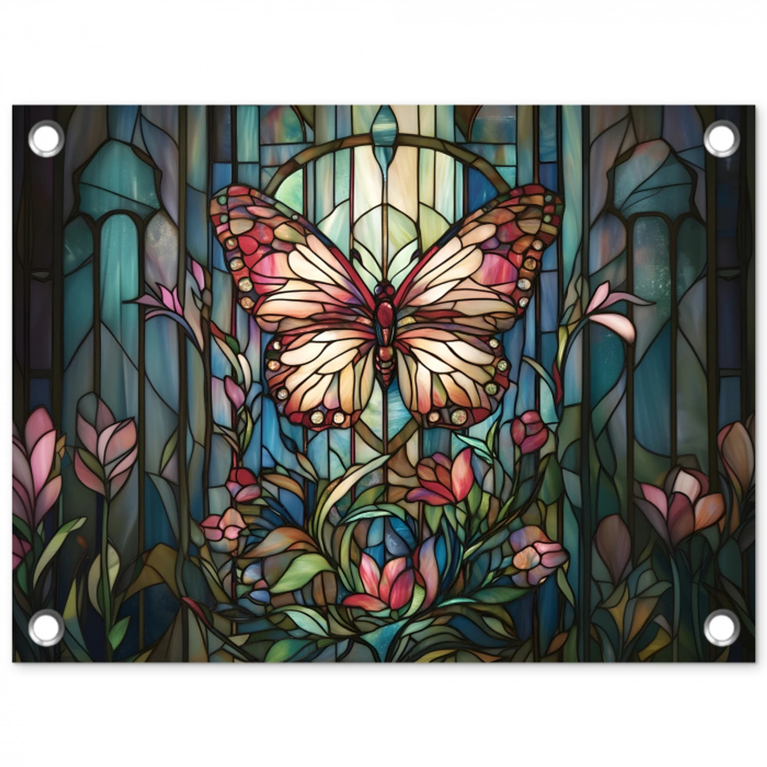 Vlinder - Roze - Bloemen - Bladeren tuinposter los doek klein -3d