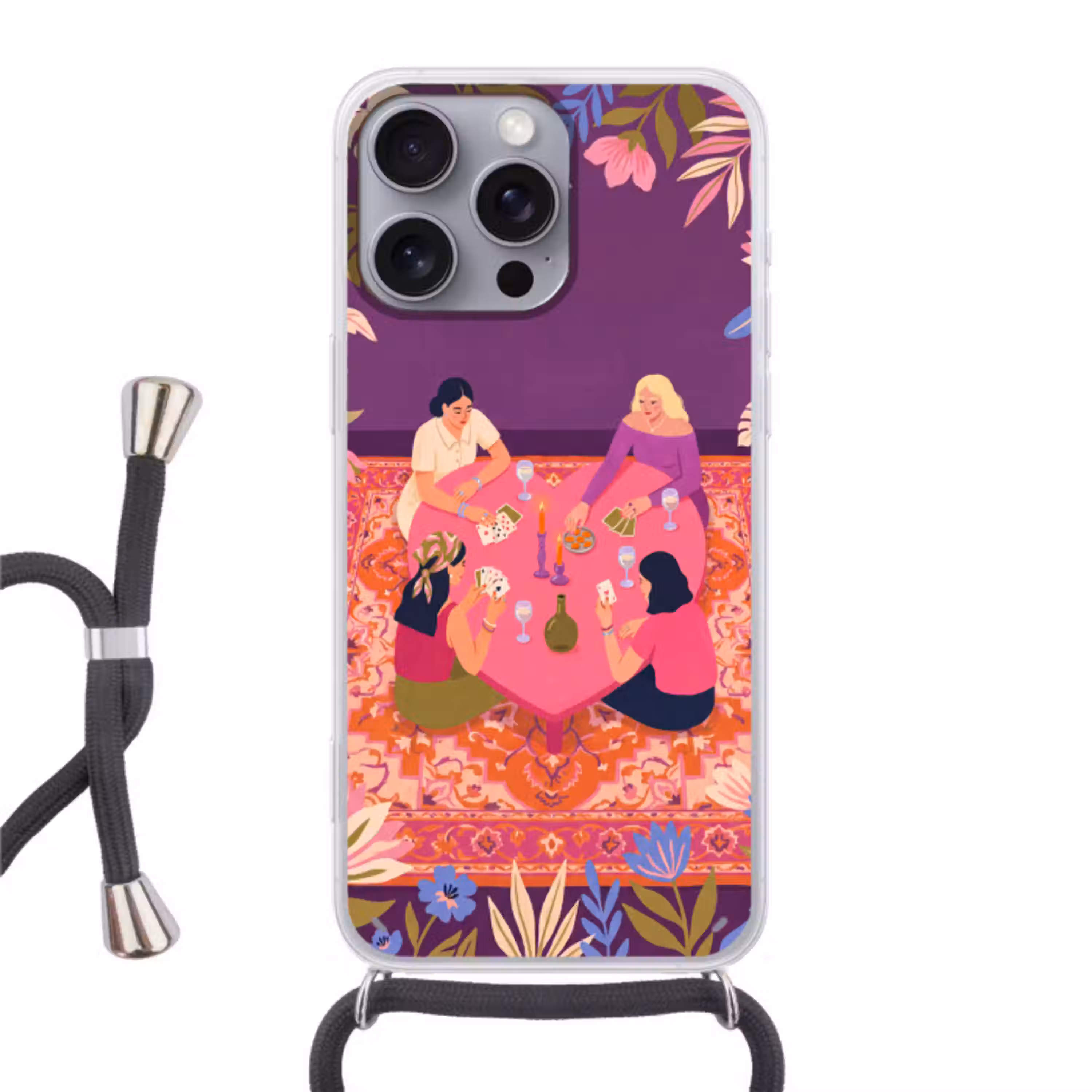 Mensen - Kaartspel - Interieur - Modern - Kleurrijk Hoesje iPhone 16 Pro Max met koord klein -3d