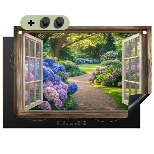 Doorkijk - Tuin - Raam - Hortensia - Bloemen Inductie beschemer met haakjes klein -3d