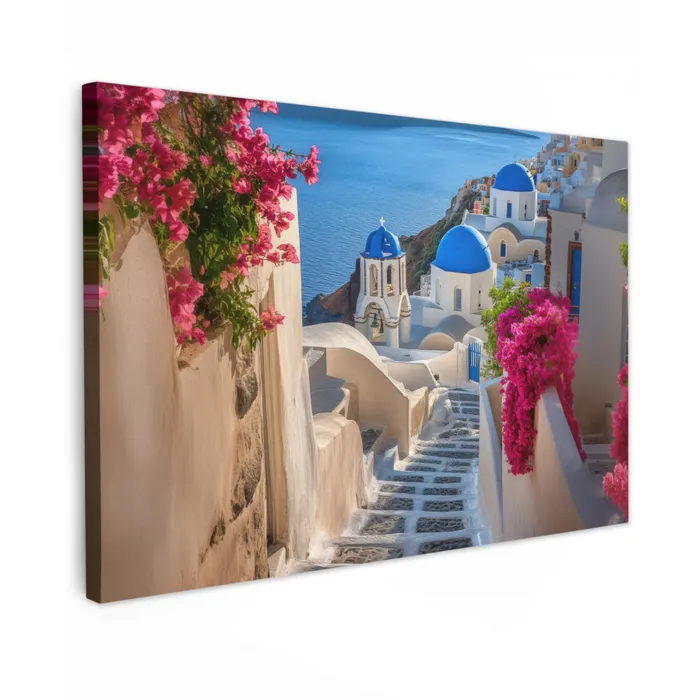 Santorini - Bloemen - Griekenland Tuinposter op houten frame 2 cm dik klein -3d