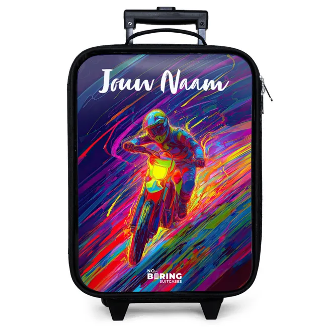 Kinderkoffer met naam - Crossmotor - Neonkleuren - Lijnen - Helm