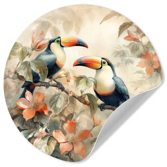 Toekan - Vogels - Bloemen - Tak Wandcirkel behangsticker klein -3d
