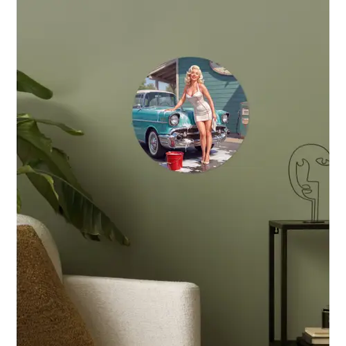 Auto - Vrouw - Groen Wandcirkel behangsticker klein -sfeer2