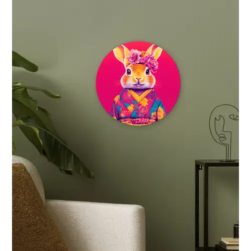 Konijn - Bloemen - Kleurrijk - Kimono Wandcirkel plexiglas klein -sfeer3