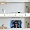 Vrouw - Blauw - Bloemen - Vlinders - Natuur keuken achterwand spatscherm klein -voor_na_NL