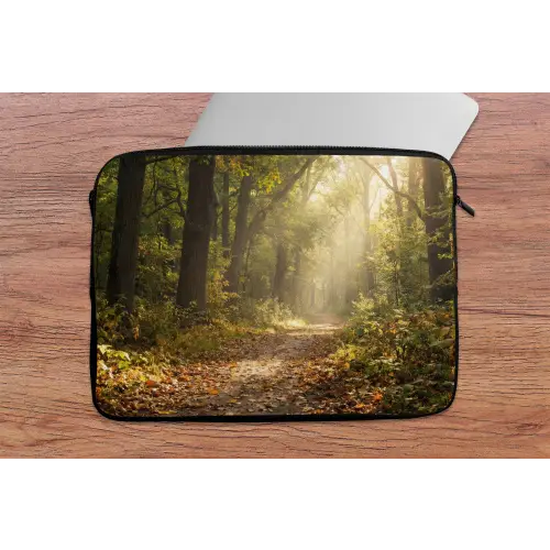 Zonlicht - Bospad - Bomen laptophoes neopreen klein -tafel
