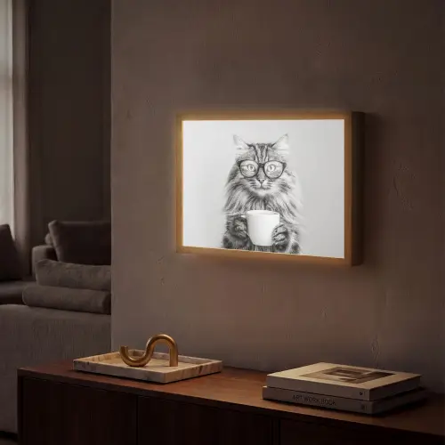 Kat - Bril - Mok - Pluizig Light Box met batterij (Wandlamp) middel -sfeer1