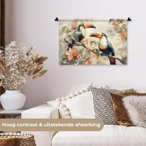 Toekan - Vogels - Bloemen - Tak Wandkleed katoen klein -sfeer1