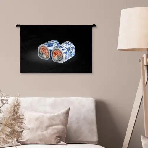 Sushi - Delfts blauw - Rijst - Vis - Elegant Wandkleed katoen klein -sfeer4