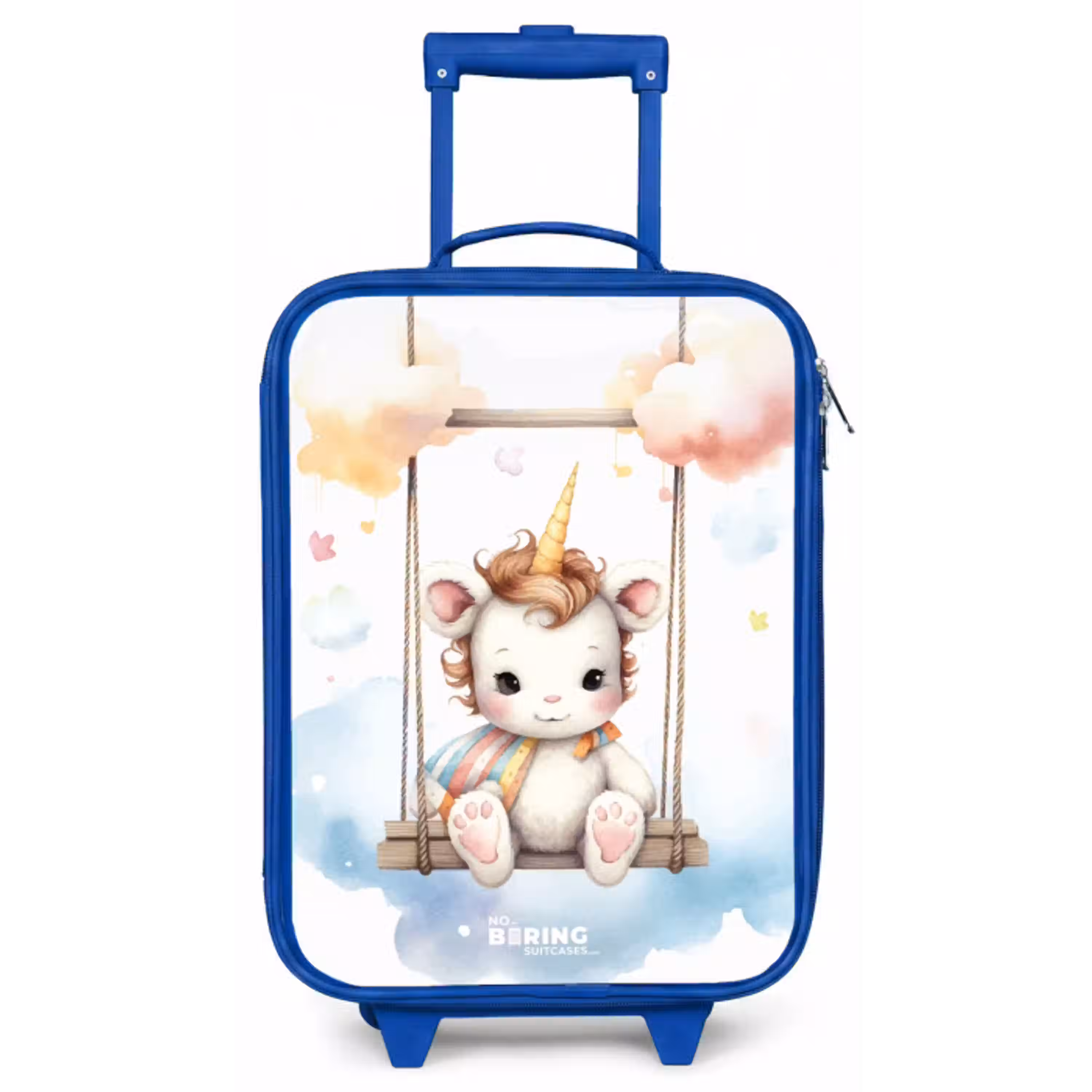 Witte baby eenhoorn op een schommel in de wolken Kinderkoffer - Blauw klein -zz3dotto