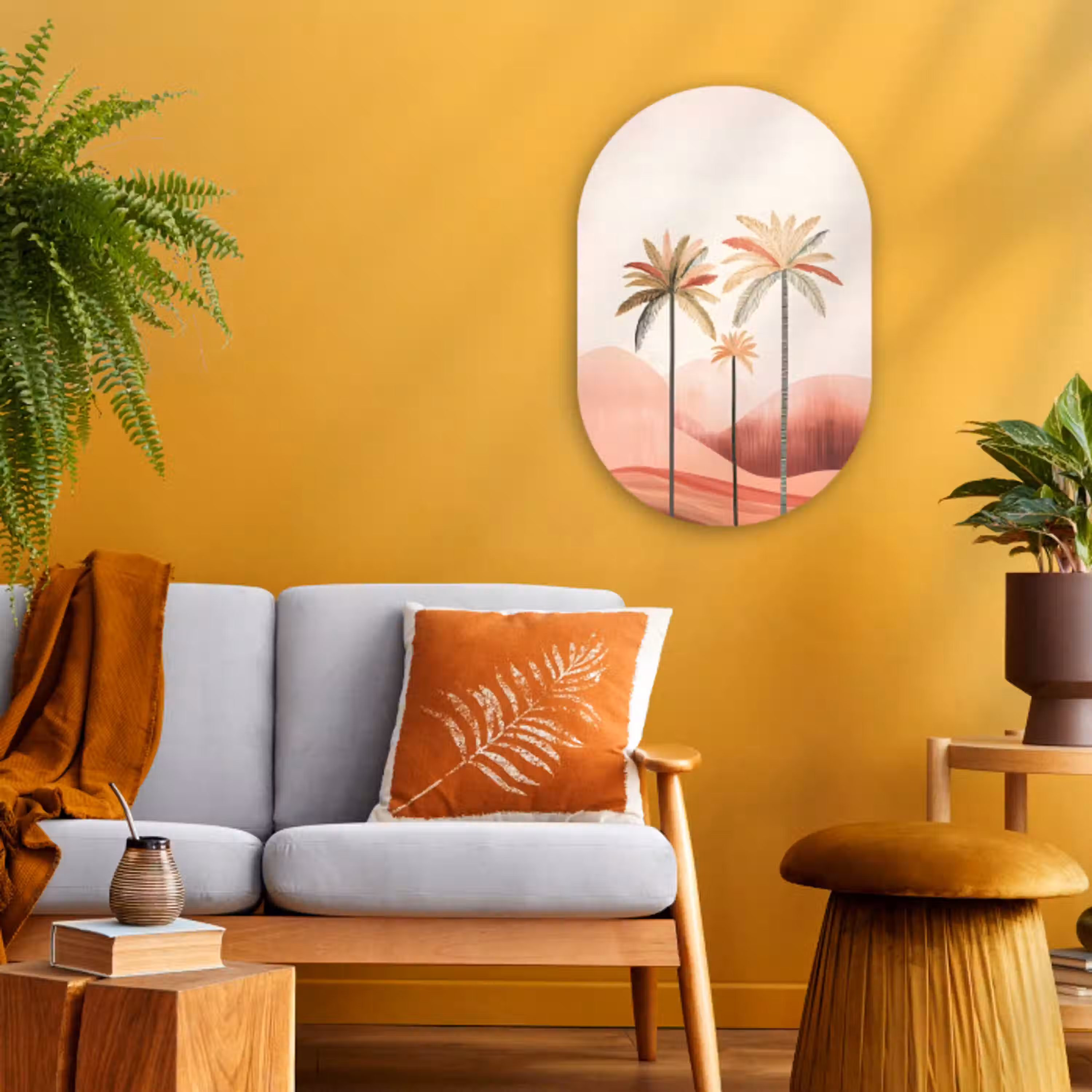 Palmbomen - Heuvels - Minimalistisch - Zachtroze Wandcirkel Ovaal Forex klein -sfeer4