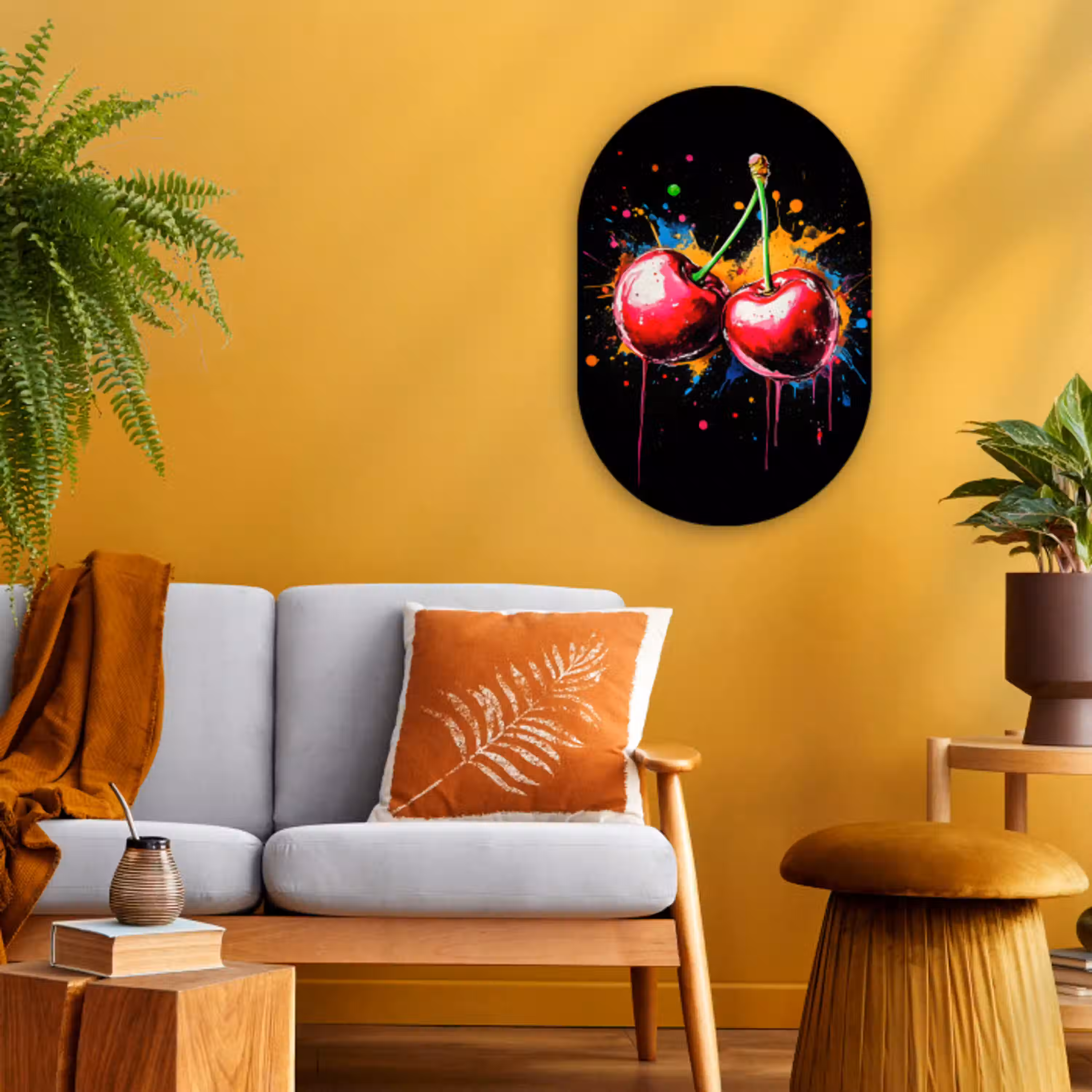 Kersen - Fruit - Graffiti - Verf - Abstract - Modern - Kleurrijk Wandcirkel Ovaal Forex klein -sfeer4