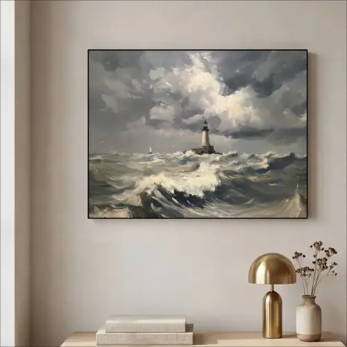 Vuurtoren - Golven - Storm Textielframe zwart klein -sfeer2