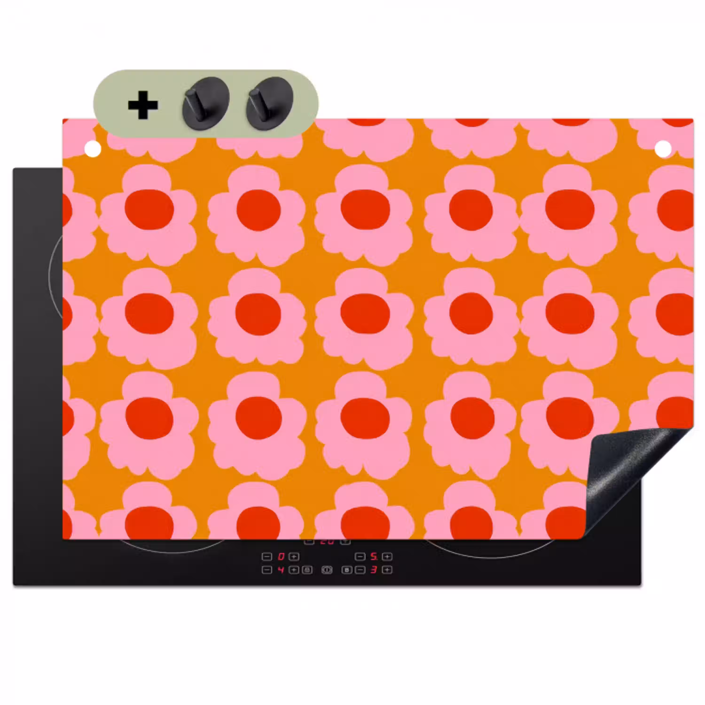 Retro - Bloemen - Roze Inductie beschemer met haakjes klein 777 -3d