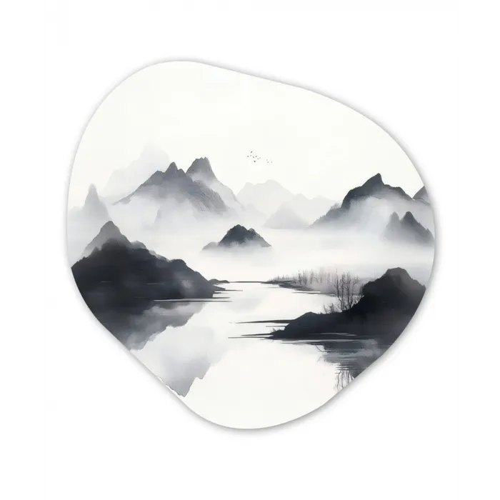 Bergen - Mistig - Water - Wit Wandcirkel Organisch Plexiglas middel -3d