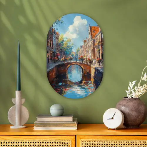 Stad - Gracht - Zon - Fietsen Wandcirkel Ovaal Forex klein -sfeer2
