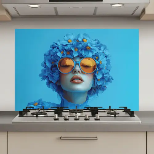 Vrouw - Bloem - Blauw - Modern - Bril - Portret keuken achterwand spatscherm klein -3d_website