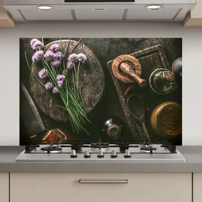 Bieslook - Keuken - Vijzel - Rustiek - Kruiden - Paars keuken achterwand spatscherm klein -3d_website