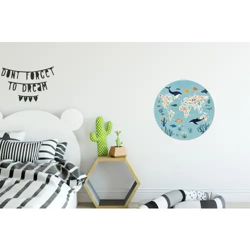 Wereldkaart - Zeeleven - Blauw Wandcirkel aluminium klein -kinderkamer