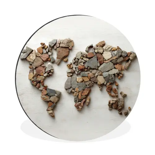 Wereldkaart - Stenen - Wit Wandcirkel aluminium klein -3d
