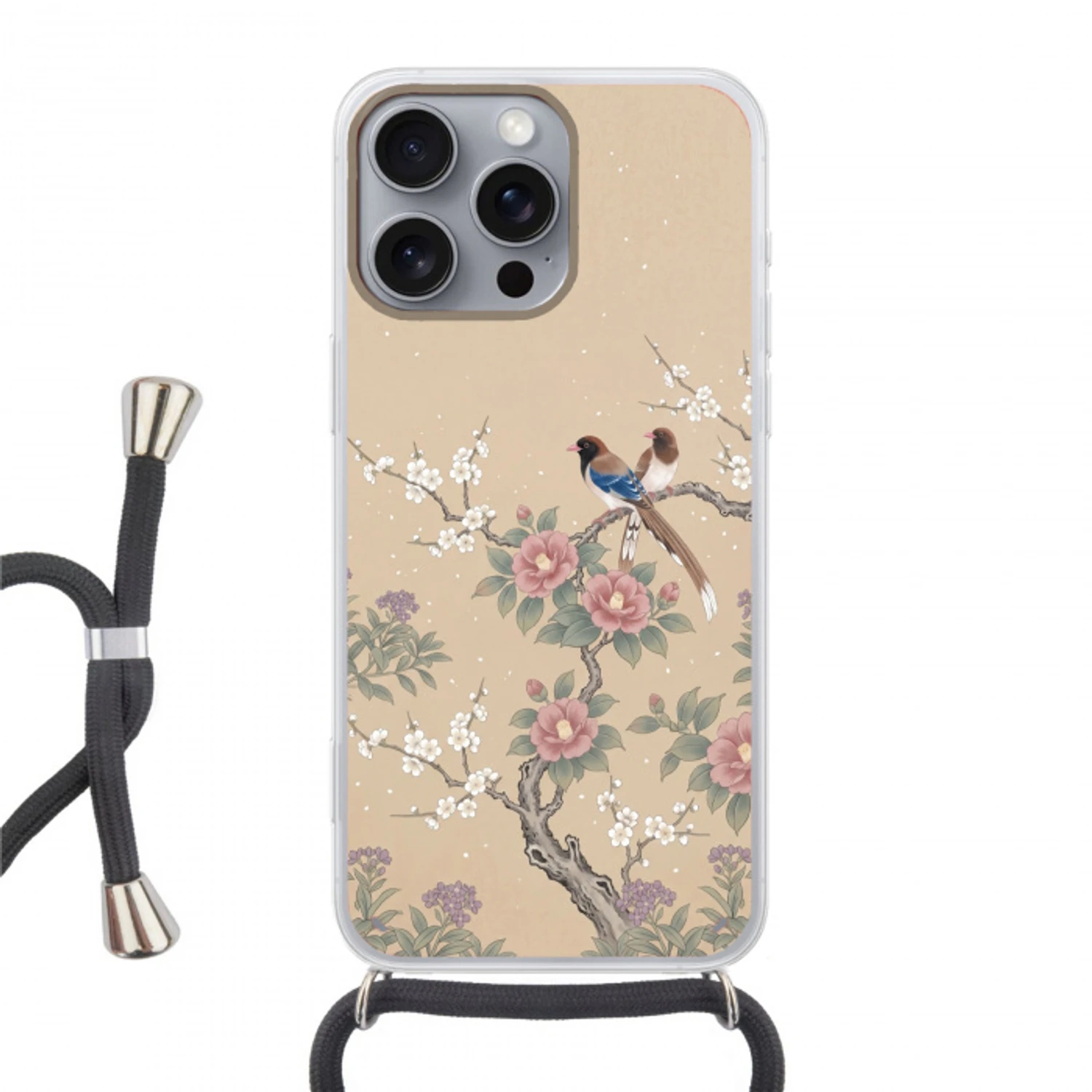 Bloemen - Vogels - Bloemen Hoesje iPhone 16 Pro Max met koord klein -3d