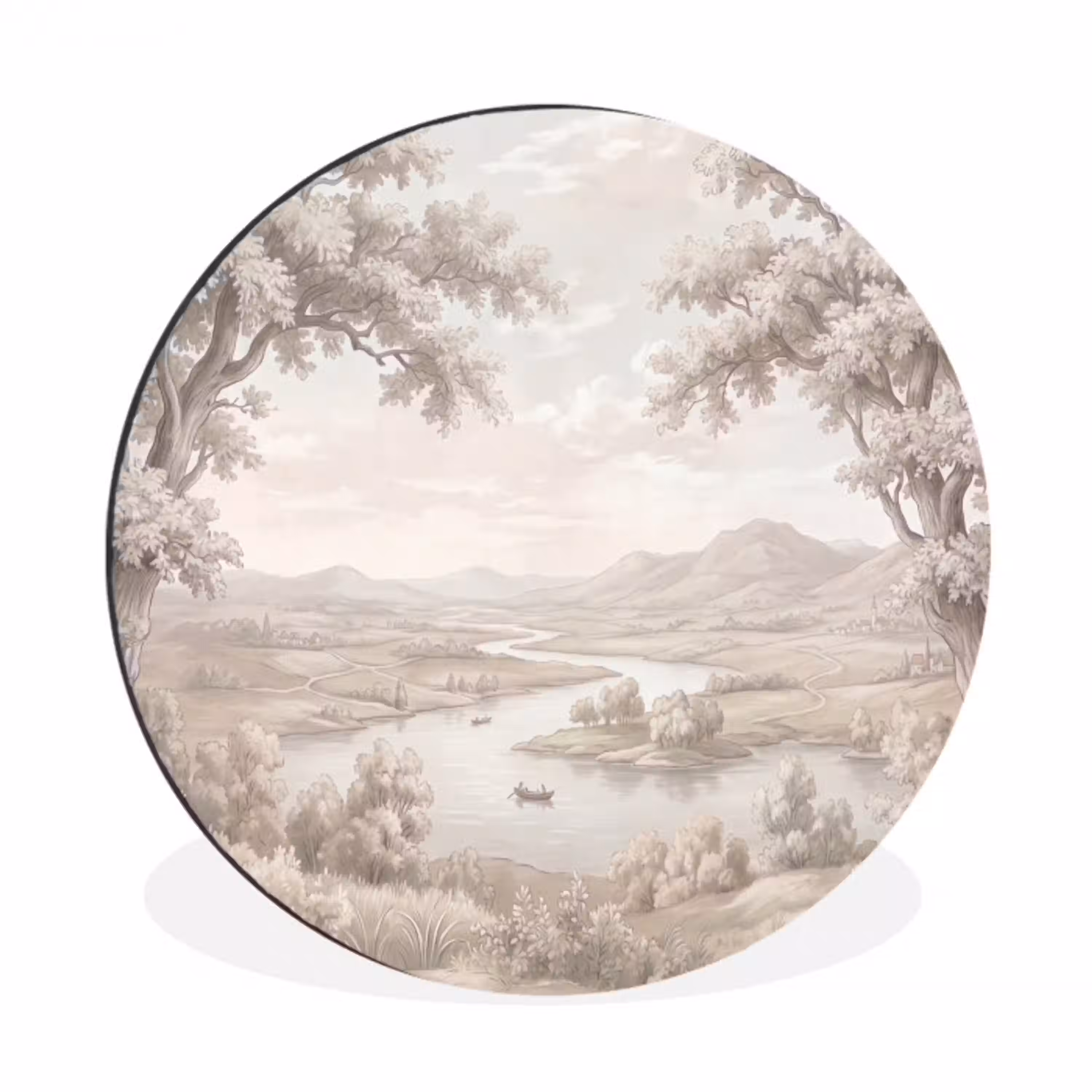 Rivierlandschap - Bergen - Natuur - Vintage - Beige Wandcirkel aluminium klein -3d