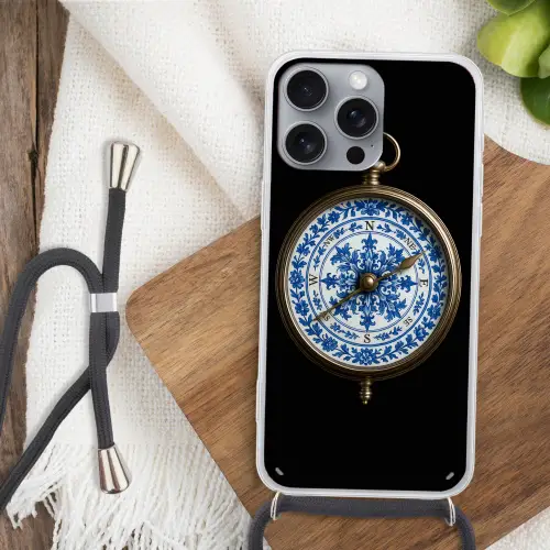 Kompas - Delfts blauw - Zwart Hoesje iPhone 16 Pro Max met koord klein -sfeer4