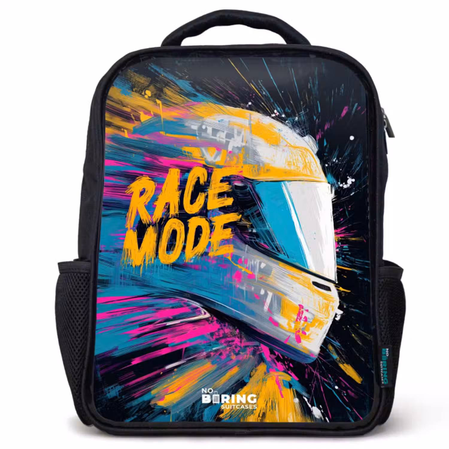 Kinderrucksack mit Namen - Schwarz - Rennhelm - Farbspritzer - Pinselstriche - Rennmode