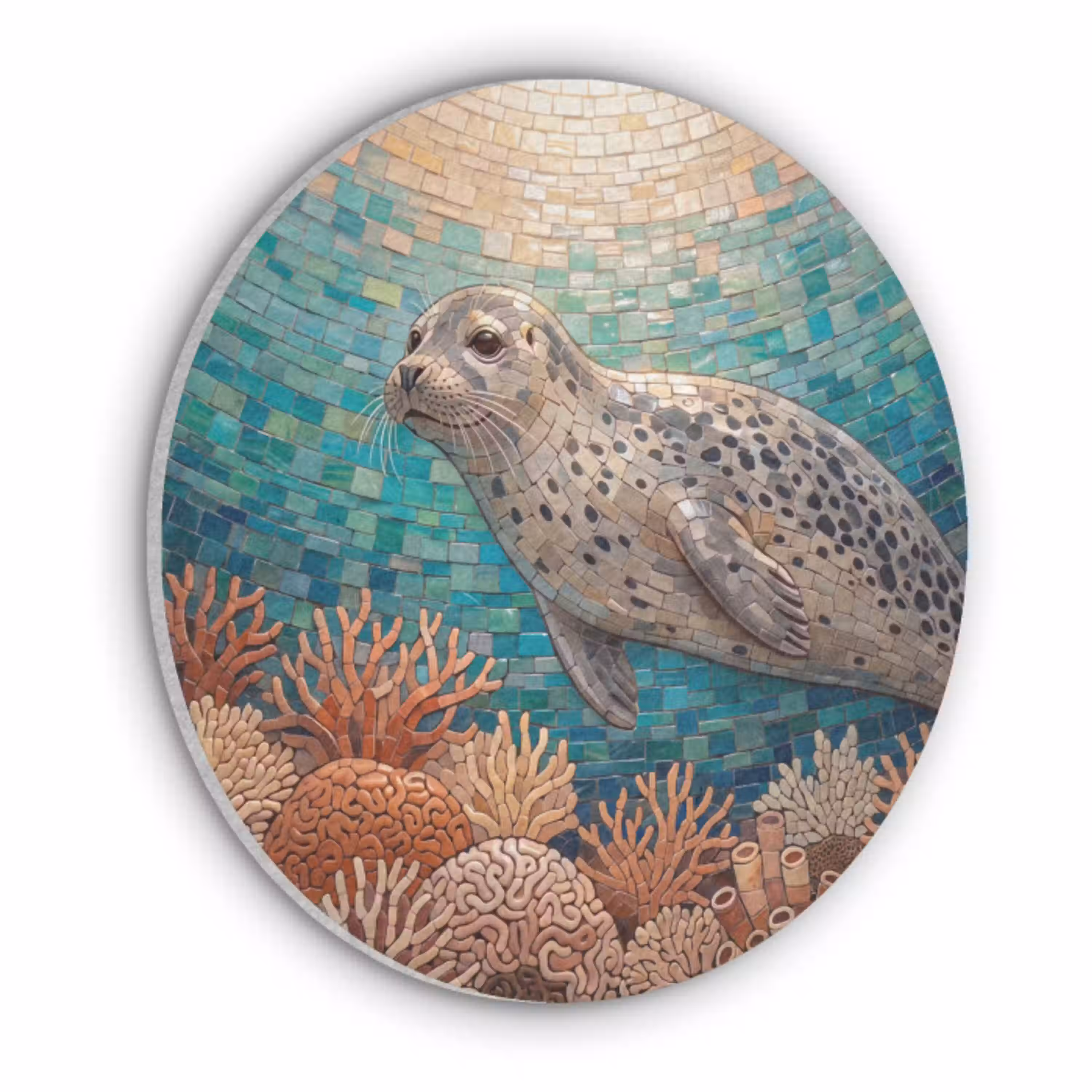 Zeehond - Mozaïek - Onderwater - Dieren - Blauw Akoestische PET Vilt - Rond klein -3d