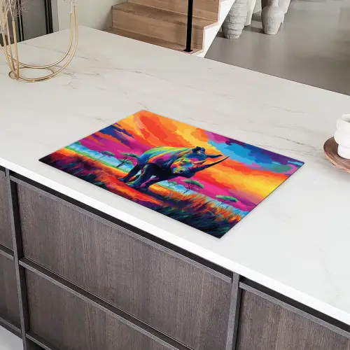 Neushoorn - Zonsondergang - Savanna - Kleurrijk Inductie beschermer vinyl 3mm klein -sfeer8