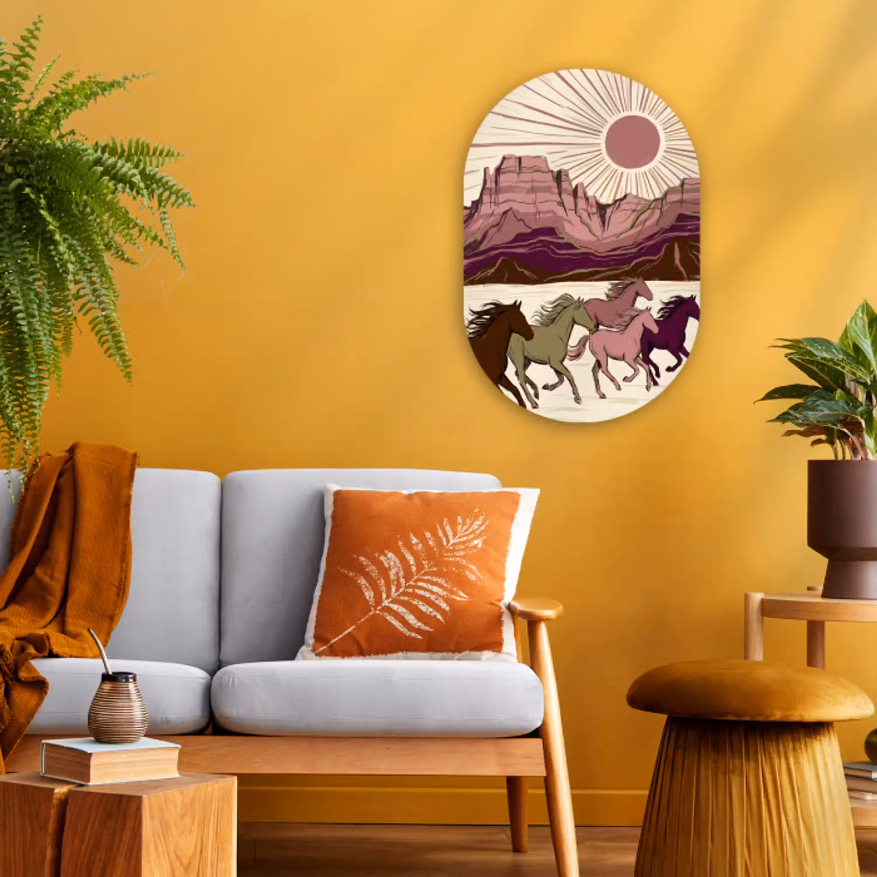 Paarden - Rennend - Woestijn - Natuur - Abstract Wandcirkel Ovaal Forex klein -sfeer4
