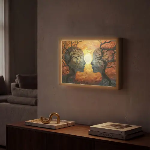 Bomen - Gezichten - Zon - Kunst Light Box met batterij (Wandlamp) middel -sfeer1