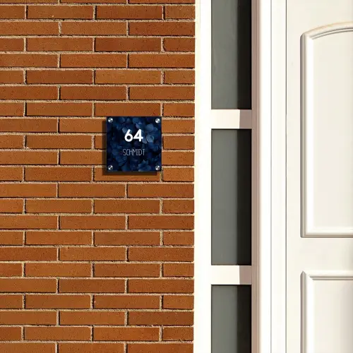 Blauwe bloemen - Modern Naambord Vierkant klein -sfeer3-XS