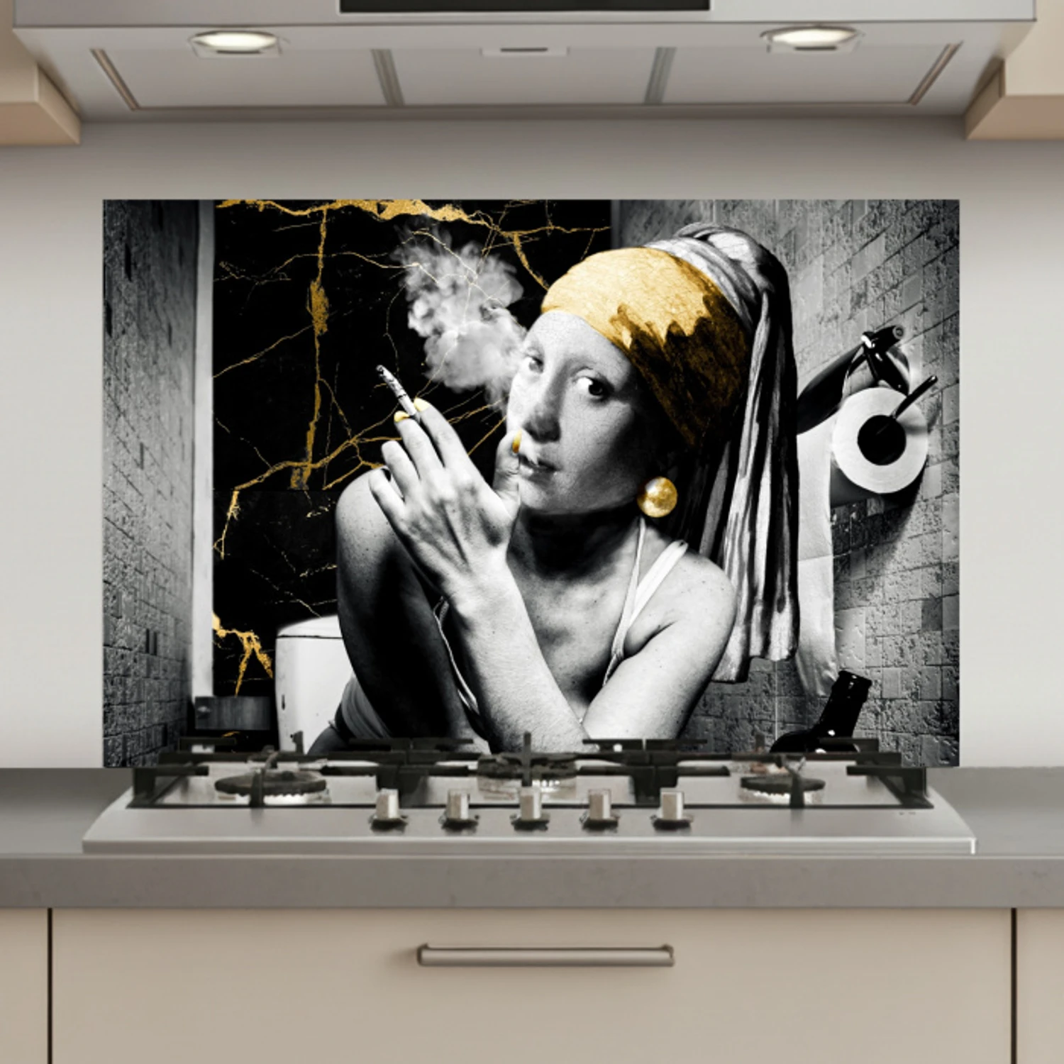 Marmerlook - Meisje met de parel - Sigaretten - Toilet - Goud - Kunst - Oude meesters keuken achterwand spatscherm klein -3d_website