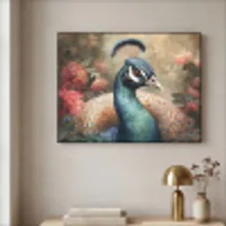 Pauw - Vogel - Bloemen - Planten - Pauwenveren Textielframe zwart klein -sfeer2