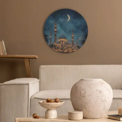 Sterrenhemel - Maan - Palmbomen - Moskee Akoestische PET Vilt - Rond klein -sfeer1