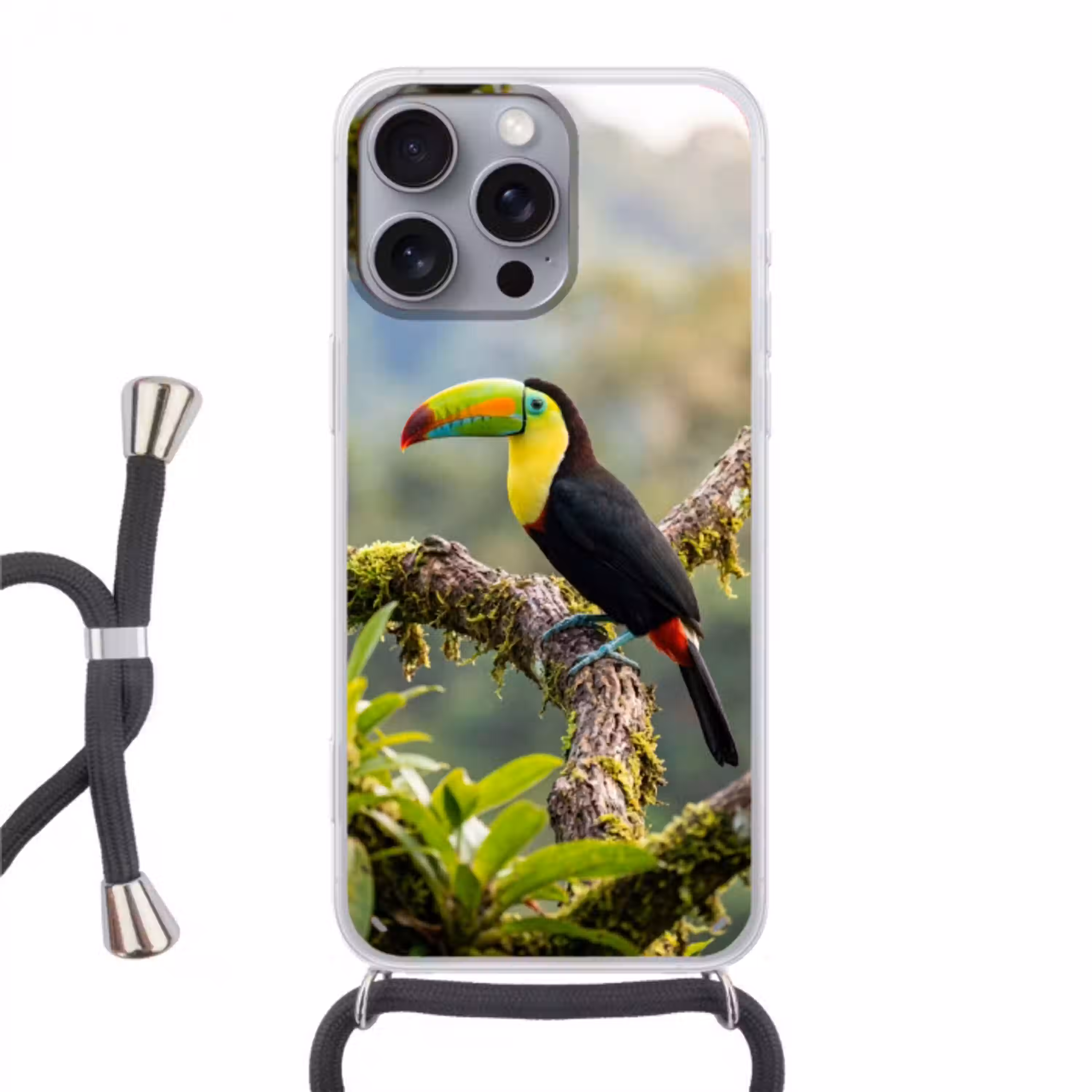 Toekan - Jungle - Natuur - Kleurrijk Hoesje iPhone 16 Pro Max met koord klein -3d