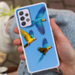 Papagaai - Vliegen - Blauw - Geel Hoesje Samsung Galaxy A52 5G met koord klein -sfeer3