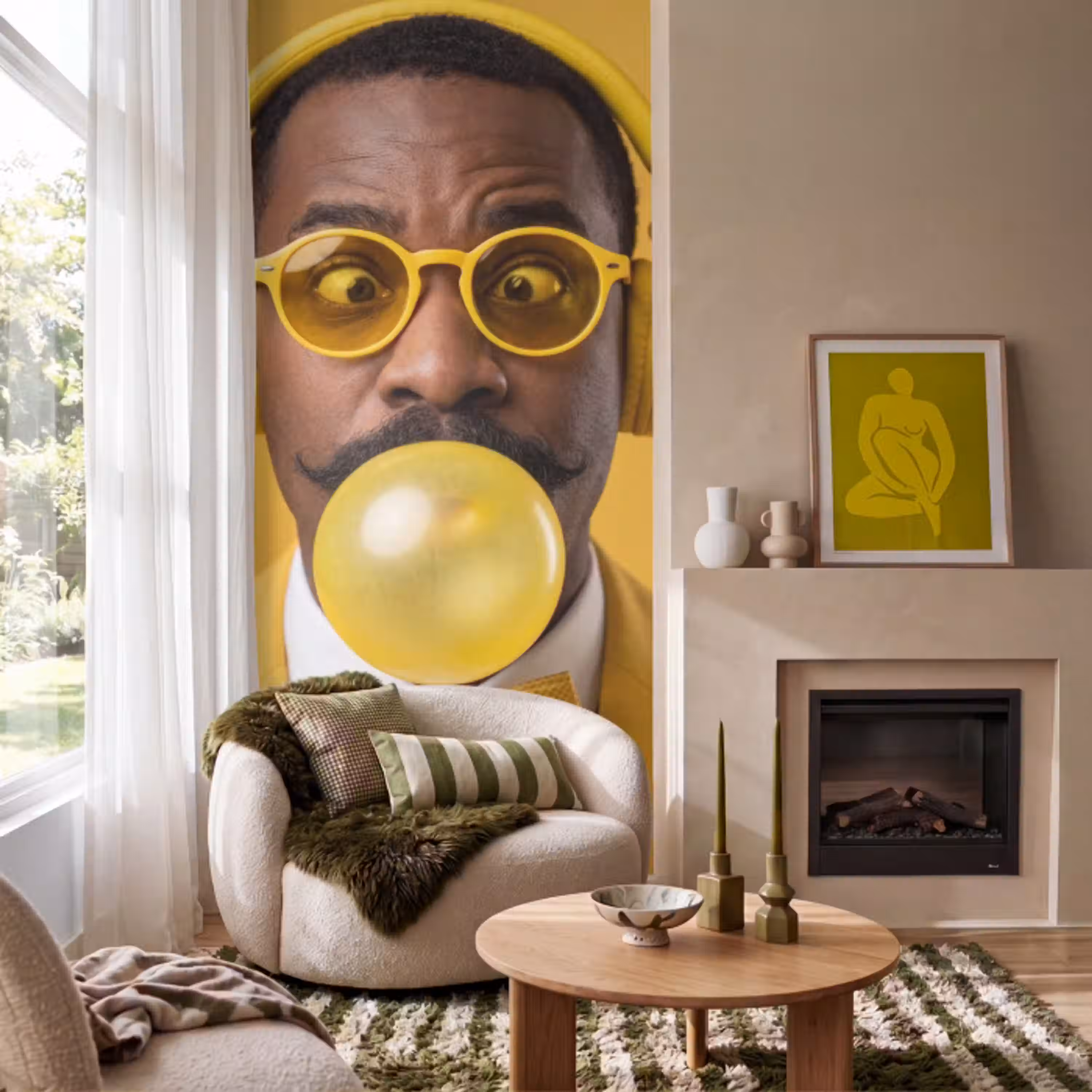 Man - Bubblegum - Portret - Geel - Modern Behang Vlies klein -sfeer2