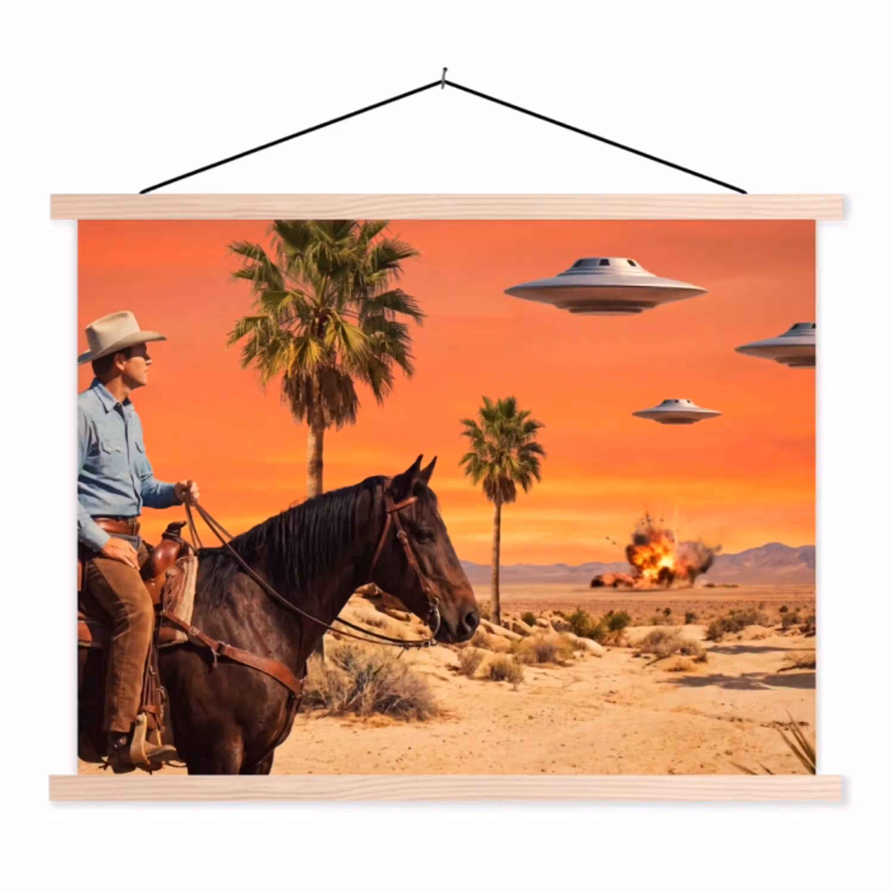 Cowboy - Paard - Woestijn textielposter latten blank klein -3d