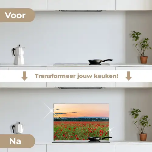 Klaprozen - Landschap - Rood - Bloemen keuken achterwand spatscherm klein -voor_na_NL