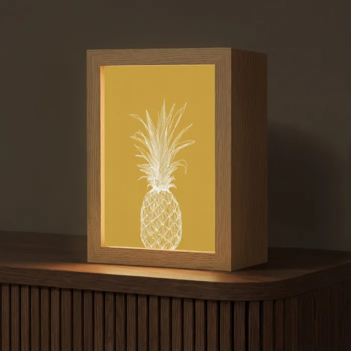 Lijnillustratie - Ananas - Bladkroon - Okergeel Light Box met kabel (Tafellamp) klein -z3d_website