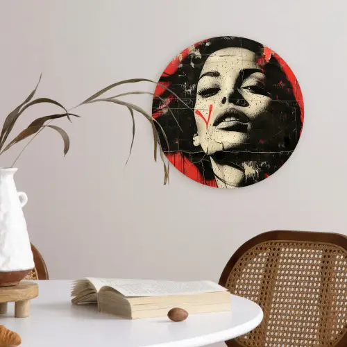 Graffiti - Vrouw - Rood - Street art - Banksy Wandcirkel kunststof plaat 5mm dik klein -sfeer4
